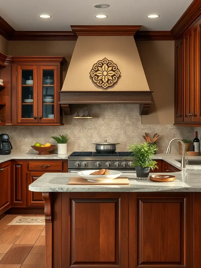 A cozy kitchen featuring cherry cabinets and warm taupe walls.