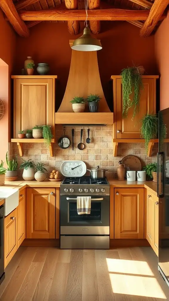 A kitchen featuring warm terracotta walls and honey oak cabinets, adorned with plants and modern appliances.