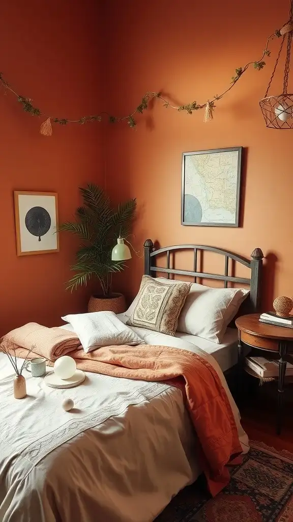 A cozy bedroom featuring warm terracotta walls, a neatly made bed with earthy-toned linens, and greenery.